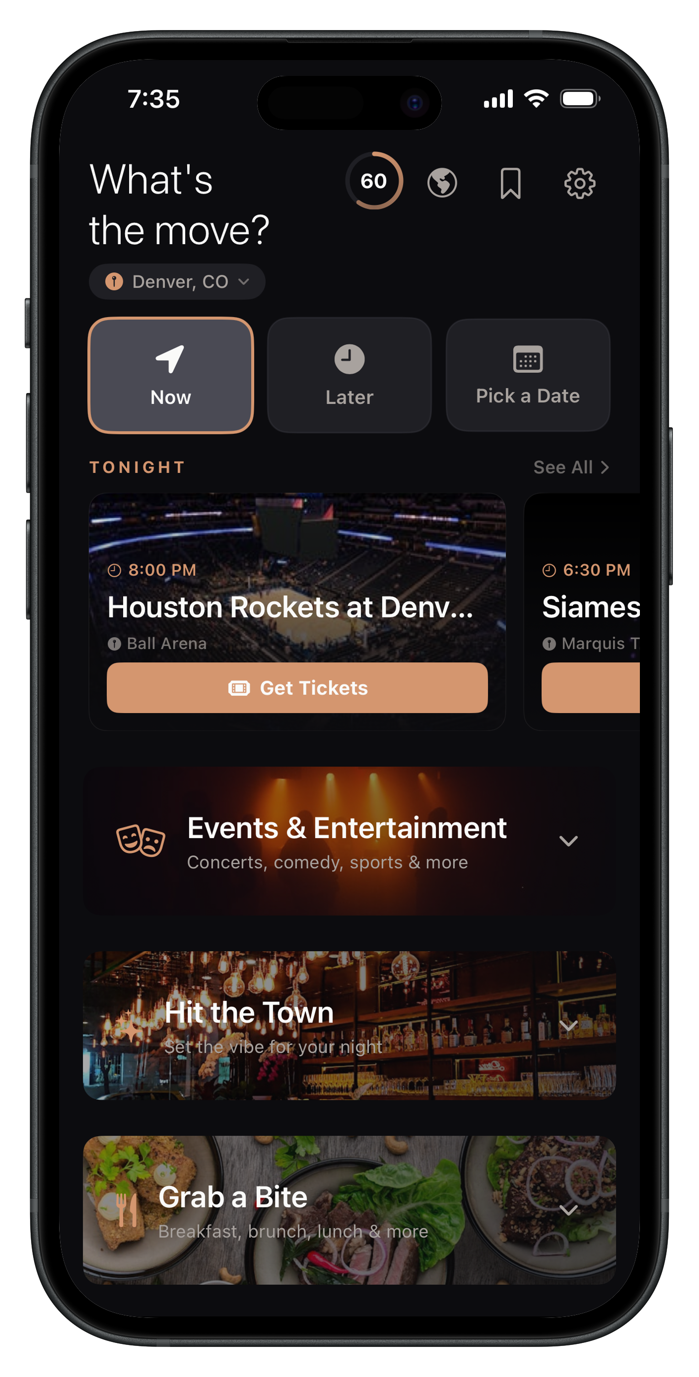 Hit the Town home screen showing personalized venue recommendations and mood-based planning for Denver nightlife