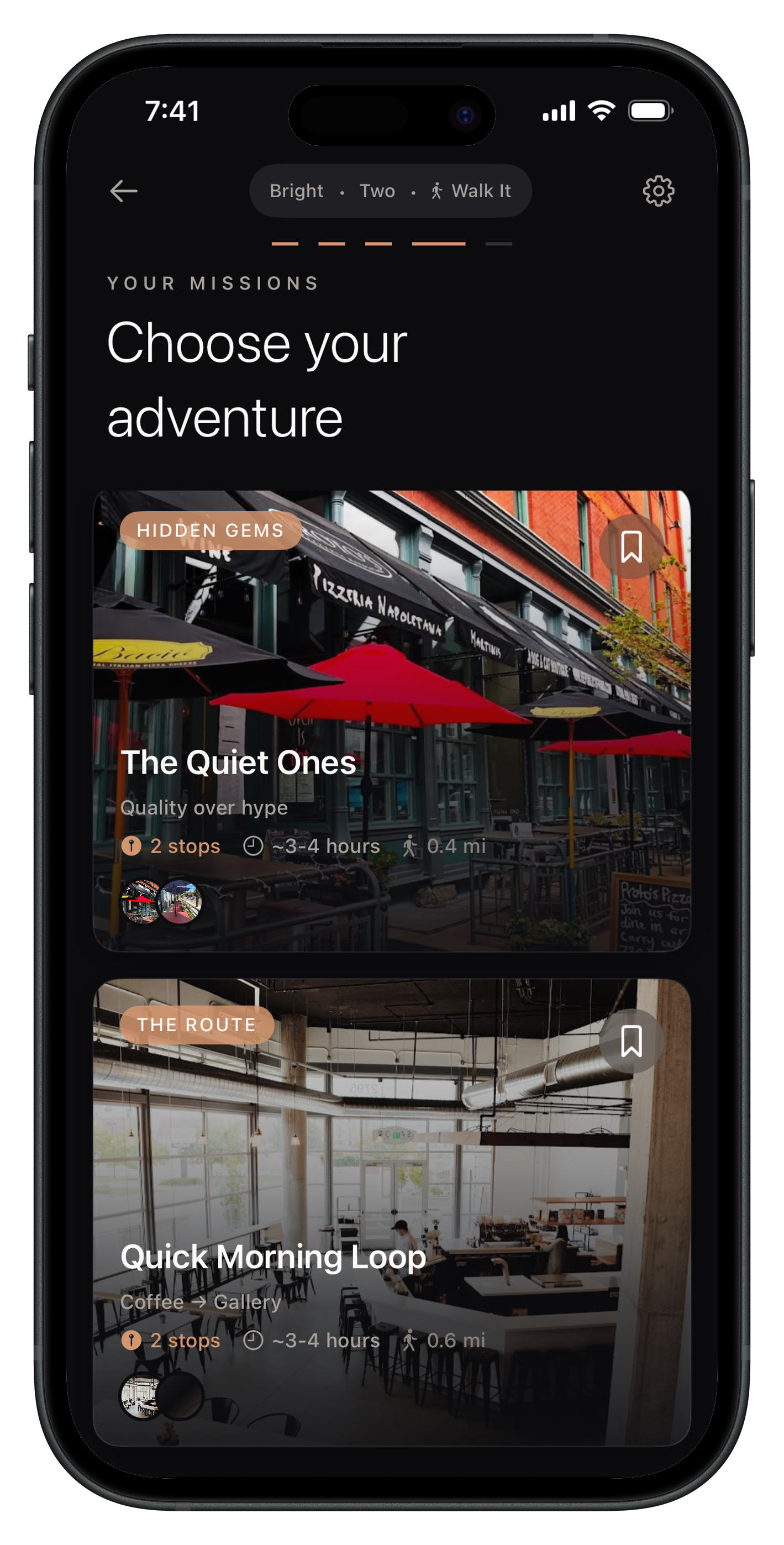 Hit the Town missions screen with curated multi-stop Denver bar crawl itinerary
